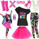 80s Outfit Women Costume Accessories Set T Shirt Shorts Tutu Skirt Neno Party Leg Warmers Headband (X-Large)
