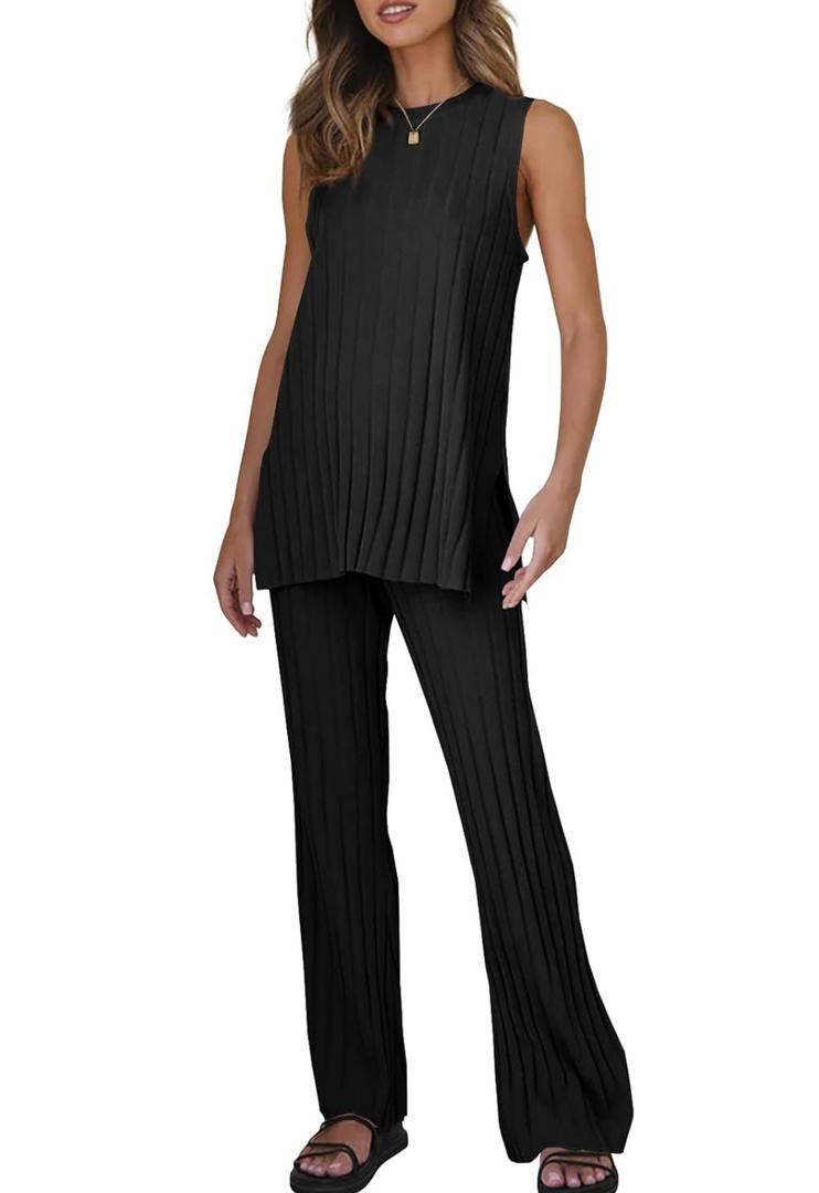 Tankaneo Two Pieces Outfits Sleeveless Top Knit Sets Trendy Lounge Long Pajamas Set, M