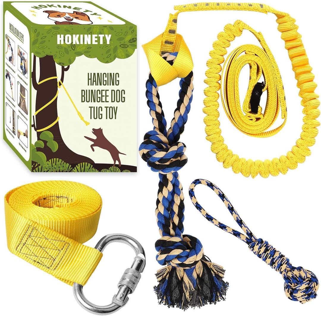 HOKINETY Dog Hanging Bungee Tug Toy: Interactive Tether Tug-of-War for Pitbull Small to Large Dogs to Exercise and Fun Solo Play - Durable Retractable Tugger Dog Rope Toy with 2 Chew Rope Toys