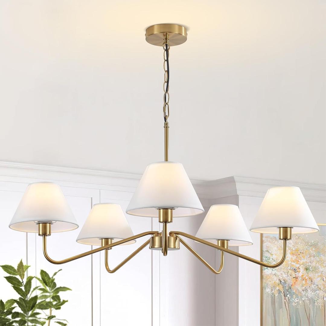 31.5" Gold Chandelier, 5-Light Brass Modern Chandeliers with White Fabric Shade, Classic Farmhouse Ceiling Light Fixture, Adjustable Pendant Light for Kitchen Island Dining Room Bedroom Entryway Foyer 31.5" Gold Chandelier, 5-Light Brass Modern Chandeliers with White Fabric Shade, Classic Farmhouse Ceiling Light Fixture, Adjustable Pendant Light for Kitchen Island Dining Room Bedroom Entryway Foyer