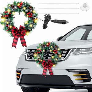 Riceshoot 2 Pack 12V LED Christmas Car Wreath with Red Bow 13 Inch Artificial Lighted up Wreath for Car Front Grill Plug in Lighting for Xmas Hanging Decoration (Color Light Classic)