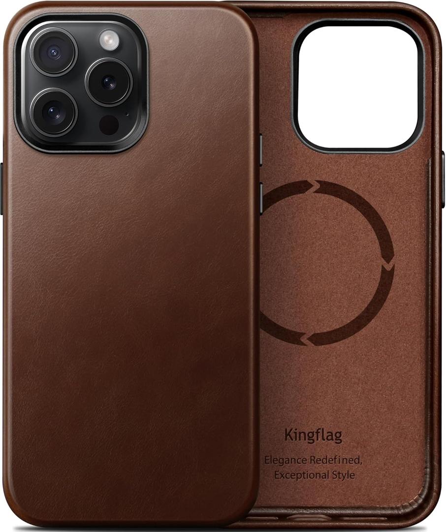 Genuine Leather Case for iPhone 13 Pro Max 6.7 inch, Compatible with MagSafe, Oil Wax Top-Grain Leather, Metal Buttons and Camera Bezel