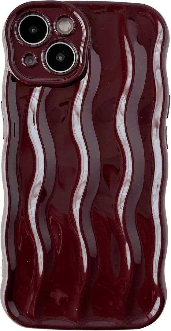 Caseative for iPhone 13 Case,Water Ripple Pattern Curly Wave Frame Soft Phone Case (Wine Red)