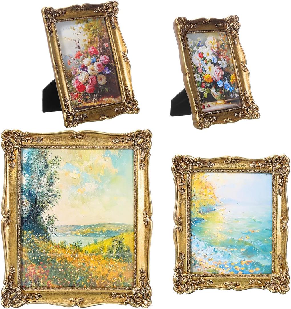 Lineshading 4 Sizes Gold Vintage Antique Picture Frames, Resin Retro Ornate Photo Frame 5x7, 6x8, 8x10, 11x14 with Glass Front for Vintage Wall Hanging Decor Tabletop Display Victorian Poster Frame