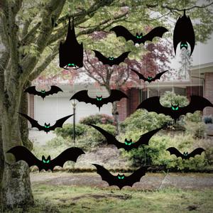 13 PCS Hanging Bats Halloween Decoration Outdoor Black Plastic Bats with Glowing Eyes Different Size Flying Bats Halloween Decor Hanging in The Tree, Porch, Yard, Lawn, Indoor