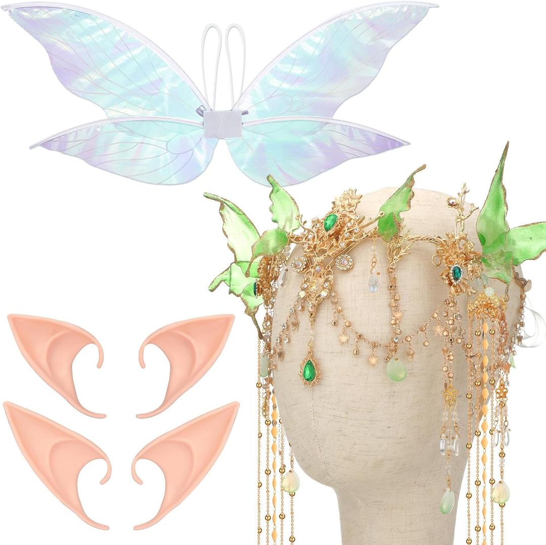 Norme 4 Pcs Halloween Elf Fairy Accessories Set Renaissance Women Fairy Crown Butterfly Wing Elf Ears Adult Medieval Cosplay (Green)