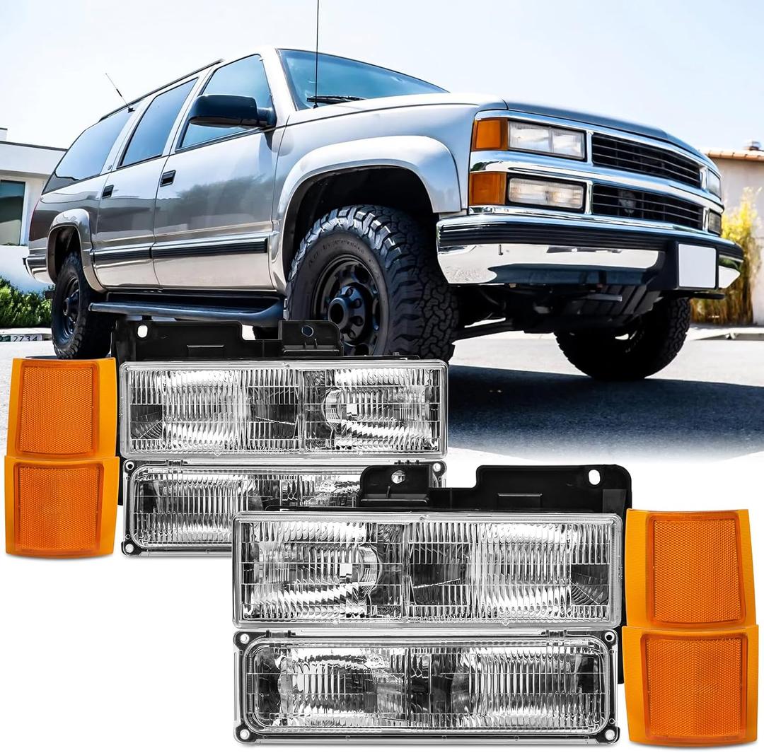 HEADLIGHTS ASSEMBLY COMPATIBLE WITH 94-98 OBS CHEVY TRUCK, 1994-1998 CHEVY SILVERADO, 1992-1994 BLAZER, 92-99 CHEVY SUBURBAN, 95-00 CHEVY TAHOE (ONLY 2000 TAHOE LIMITED/Z71), HEADLAMP FACTORY STYLE (Chrome Amber)