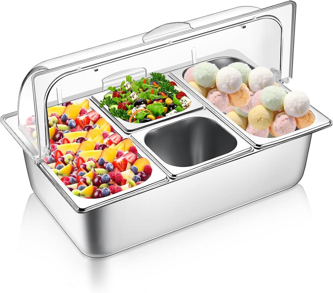 4 Pans Countertop Ice Food Serving Display Container and Clear Roll Top Cover Stainless Steel Condiment Dispenser Serving Tray Salad Bar Buffet Station for Restaurant Hotel Kitchen Party, 22.1" x 14.6" x 8.7"