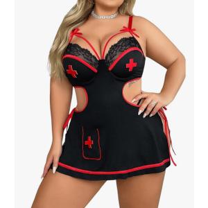 WDIRARA Women's Plus Size 3 Piece Babydoll Lingerie Set Nurse Roleplay Costume Side Tie Lace Cutout Nightdress
