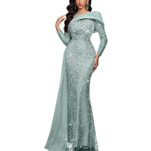 VOUIAO Women Sequin Beaded Mermaid Formal Evening Gown Long Sleeve Prom Dress Bodycon Wedding Guest Party Cocktail Maxi Dress Mint Blue M