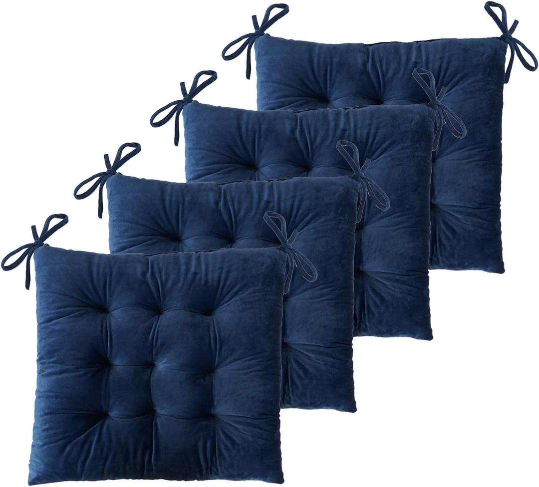 ELFJOY Set of 4 Square Chair Pads Indoor Seat Cushions Pillows with Ties Thick Soft Seat Cushion for Kitchen Dining Office Chair (18.8", Navy)