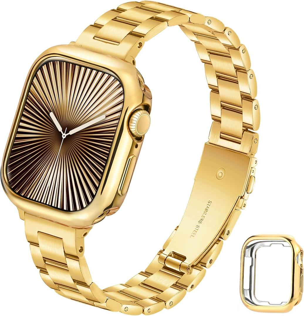 Slim Metal Band for Apple Watch Bands for Women 45mm 44mm 42mm(S3) Gold iWatch Bands with Protective Case, Stainless Steel Thin Dressy Strap for Apple Watch Band Series 9 8 SE 7 6 5 4 3-Gold