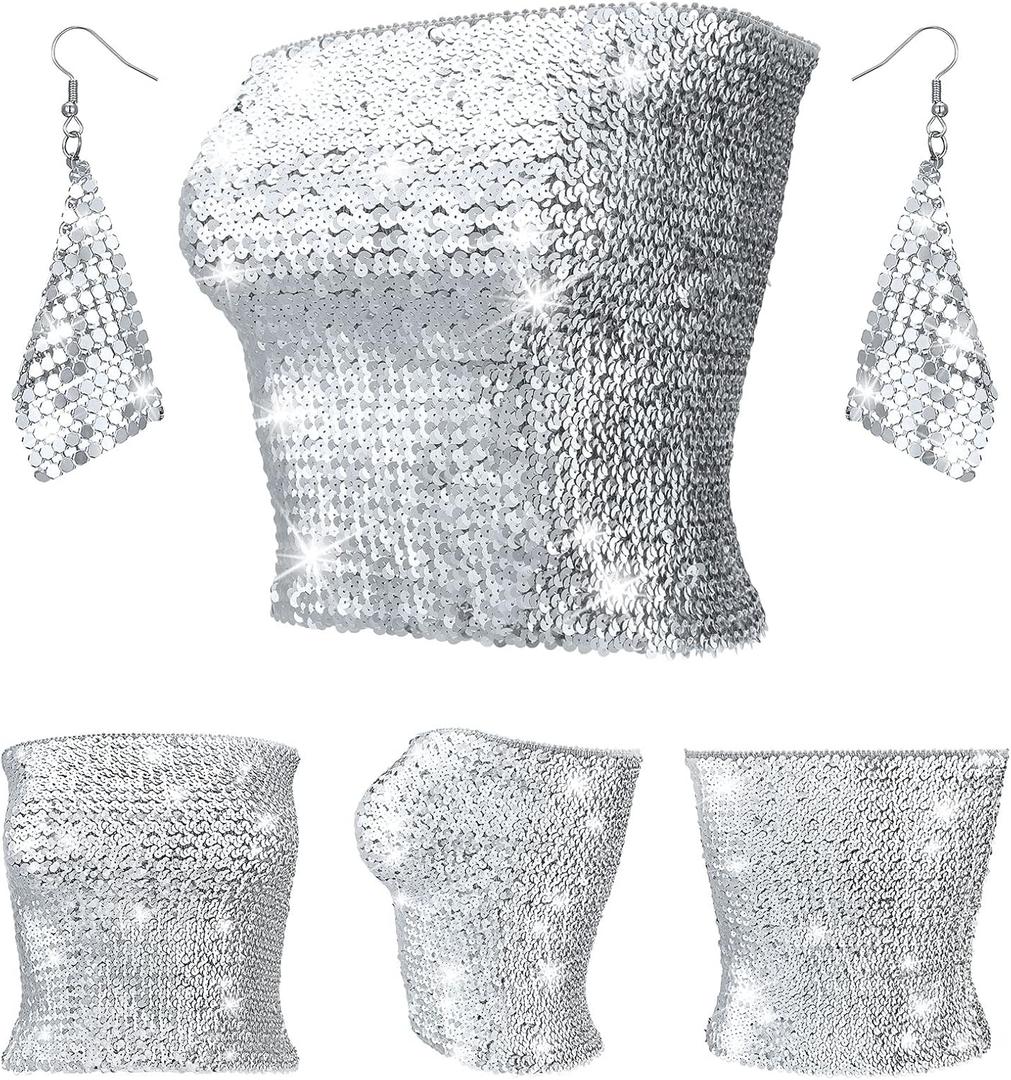 Syhood Women's Sparkly Sequin Crop Tops Strapless Metallic Tube Tops Metal Mesh Drop Dangle Earrings for Wear Party (Medium Regular, Silver)