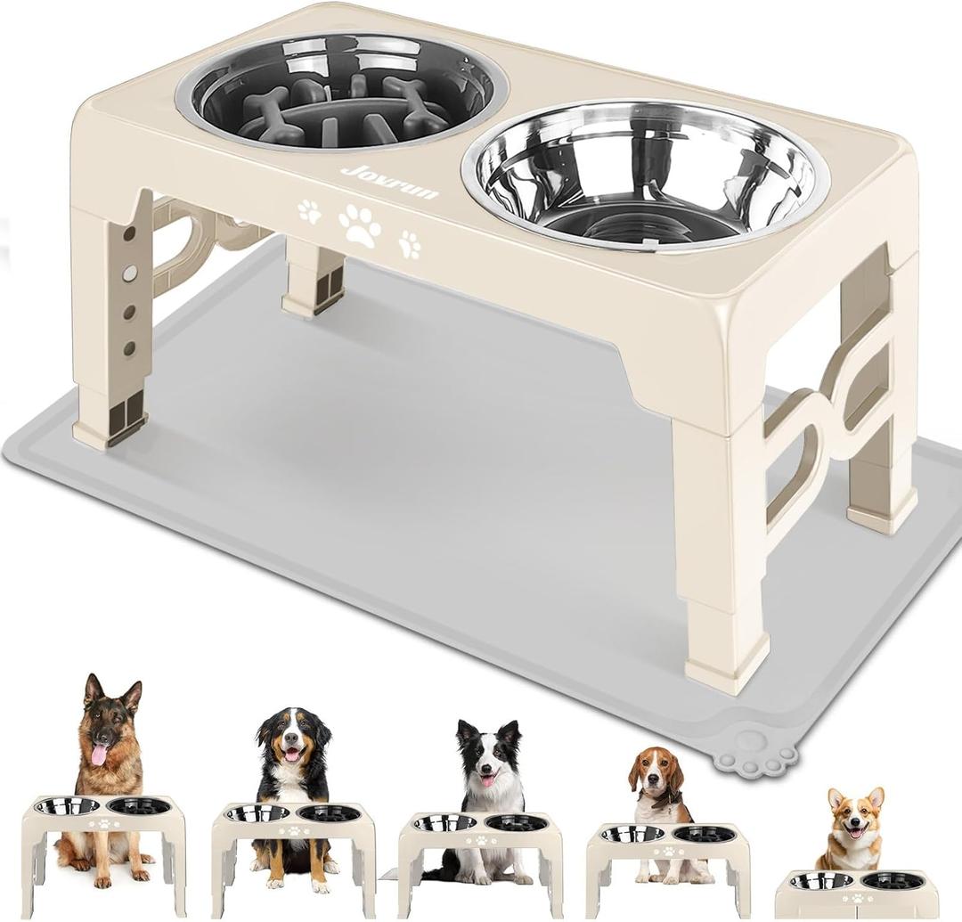 Elevated Dog Bowls for Medium Size Dogs with Mat, Non-Slip Dog Feeder with 1*Stainless Steel Dishes & 1*Slow Feeder Bowl, 5 Heights Adjustable Raised Bowls for 3.15-8.66-9.84-11.02-12.2 (Beige)