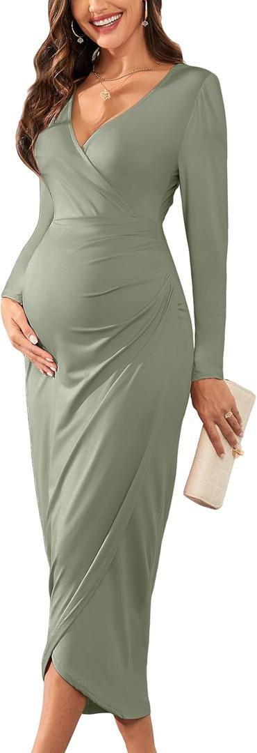 2025 Womens Maternity Wrap Dress V Neck Ruffle Sleeves Semi Formal Baby Shower Photoshoot Party Cocktail Pregnancy (XX-Large, Sage Green)