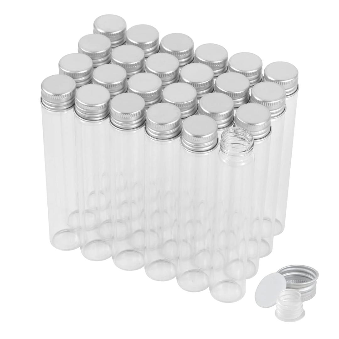 30ml Glass Clear Test Tubes with Screw Caps and Plastic Stoppers, Liquid Sample Vial, Leak-Proof Flat Test Tubes, 24PCS