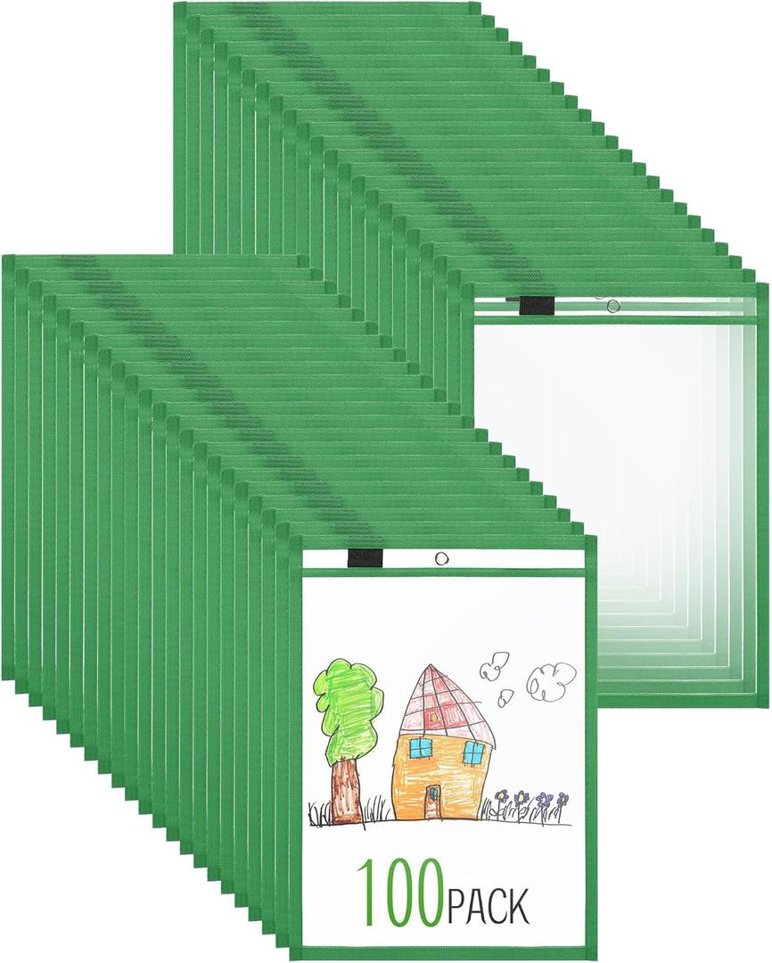 Nezyo Dry Erase Pockets Plastic Job Ticket Holders Shop Holder Order Pockets Clear Sleeves Tickets Folders Plastic Sleeves Paper Teacher Supplies for Classroom(10 x 14 in,Dark Green,100 Pcs)