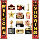 Movie Night Porch Sign Banner 12Pcs Movie Signs Cards for Home Film Backdrop Party Decoration Welcome Now Showing Door Hanging Banner Night Cutouts for Theater Photography Family Party Supplies