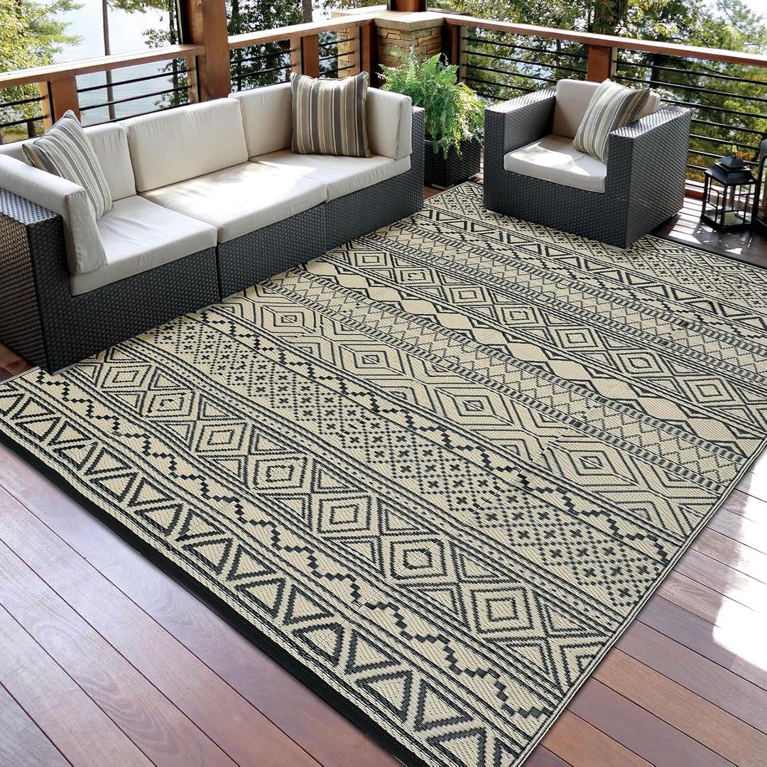 GarveeHome Outdoor Rug 8x10 Reversible Mats, Plastic Straw Rug, Modern Area Rug, Large Floor Mat and Rug for Outdoors, RV, Patio, Backyard, Deck, Picnic, Beach, Trailer, Camping, Coffee/Black(Boho)
