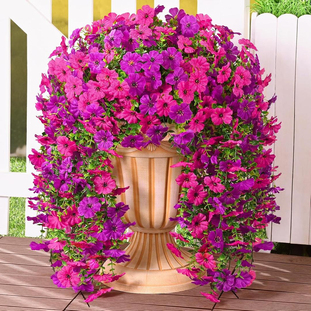 Dolicer 4 Pcs Look Real Artificial Flowers for Outdoors, Realistic Fake Artificial Hanging Flowers for Outdoors UV Resistant Silk Faux Hanging Plants Flowers for Porch Patio Garden (Purple+Fuchsia)