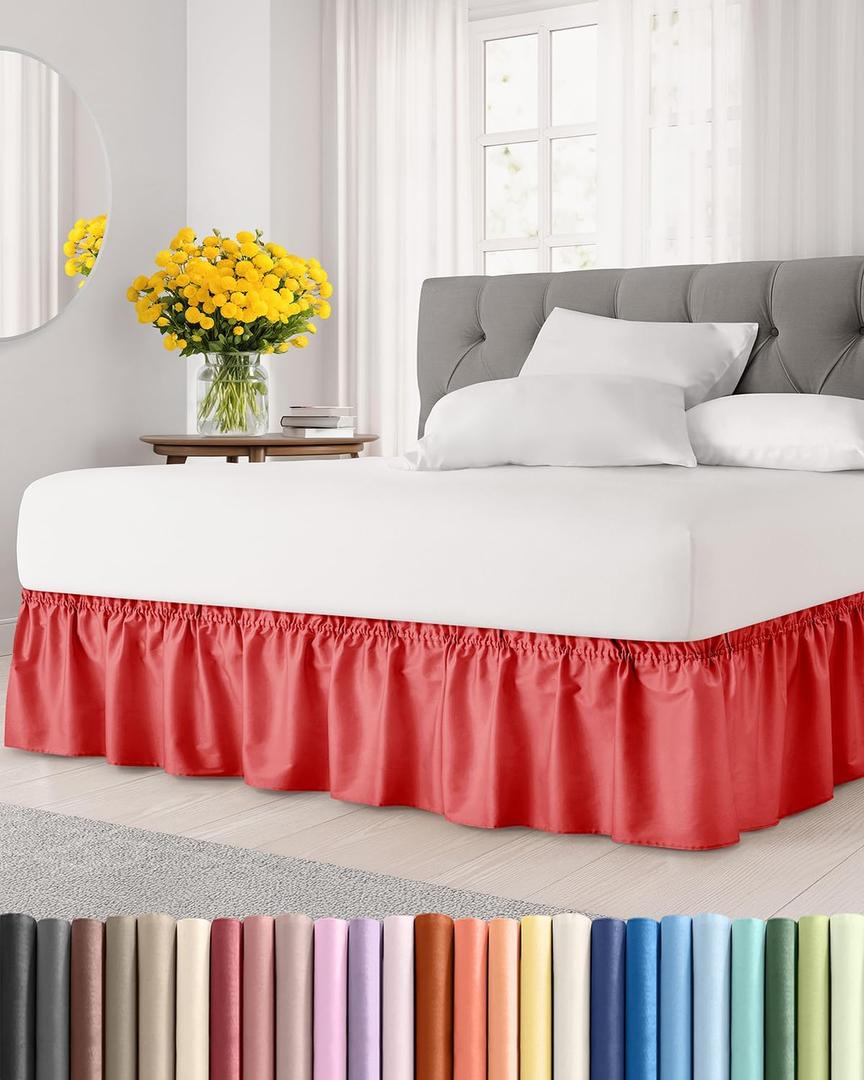 Wrap Around Dust Ruffle Bed Skirt - Red - for Queen Size Beds with 12 Inch Drop - Easy Fit Elastic Strap - Adjustable Pleated Bedskirt w/Brushed Fabric - Wrinkle Free - for Women, Men, Kids & Teens