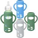 BUSOHA 3 Pack Silicone Sleeves for Dr. Brown's Glass Baby Bottles - Drop Protection Baby Bottle Sleeves Compatible with Dr. Brown's Newborn Glass Bottles with Silicone Handles,8 oz (Dark Green+Gray+Light Blue)