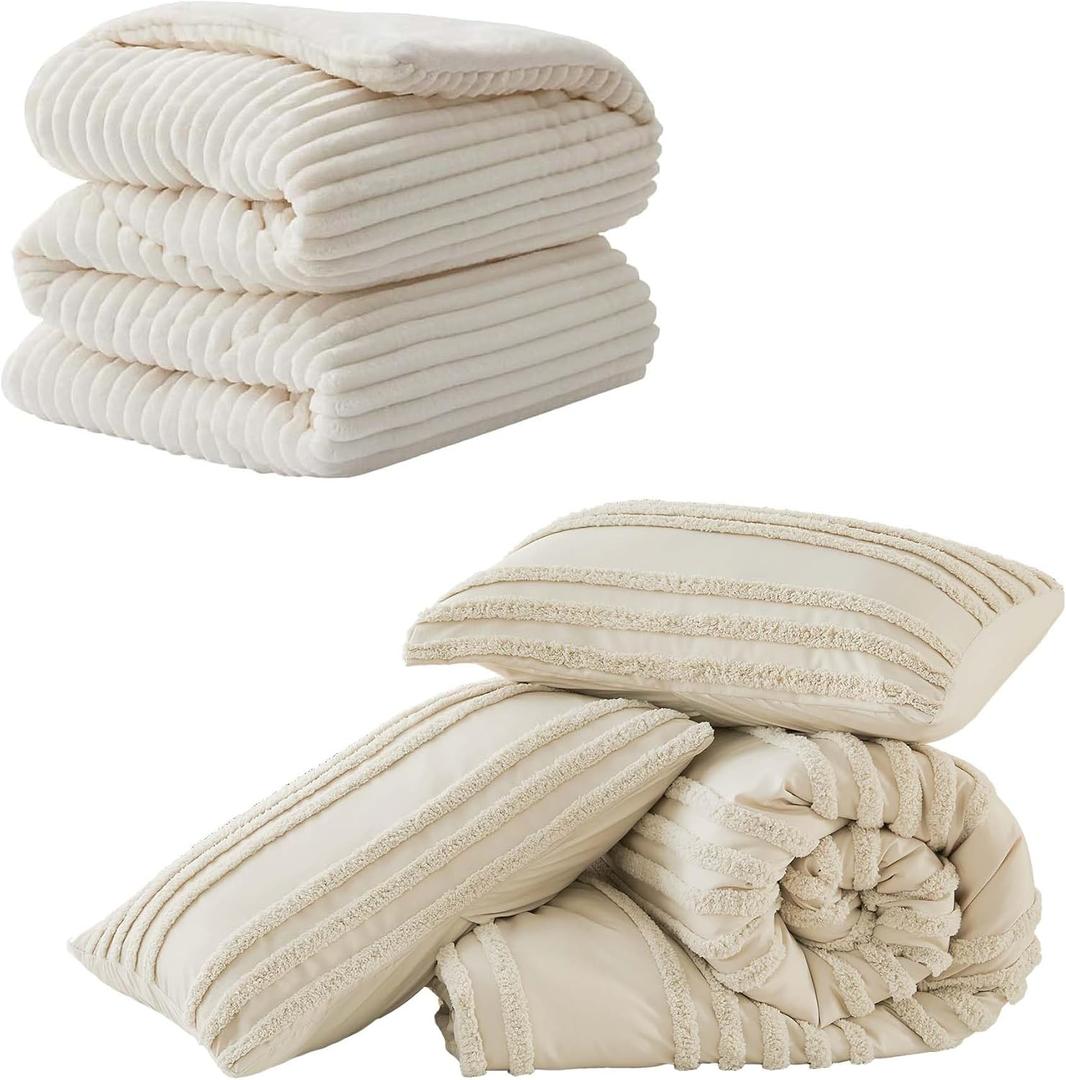 BEDELITE Fleece Queen Comforter Set -Super Soft & Warm Fluffy Cream White Bedding and Boho Tufted Comforter Set Queen Size Bundle