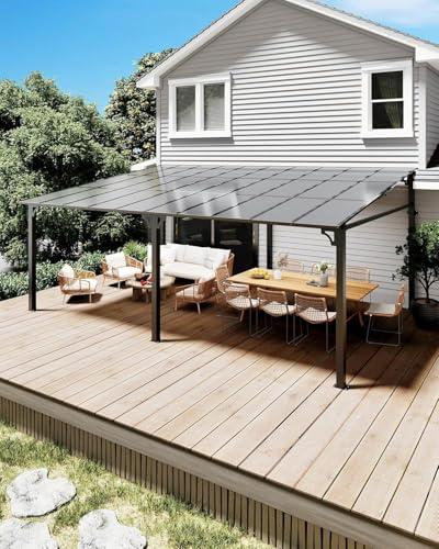 12x14 FT Gazebo for Patio, Wall Mounted Lean to Hardtop Gazebo Pergola with 6Mm Sloped Roof Heavy Duty Awnings for Porch, Decks, Backyard to Shade & Rain