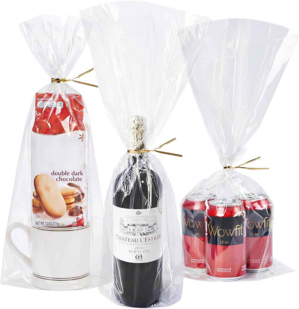 Wowfit 50 CT 9x20 Inches Clear Flat Cellophane Treat Bags with 6" Gold Twist Ties Large Cello Bags for Wine Bottles, Gifts, Cookies, Mugs, Candies, Party Favors & Wrapping Sturdy & Crystal Clear