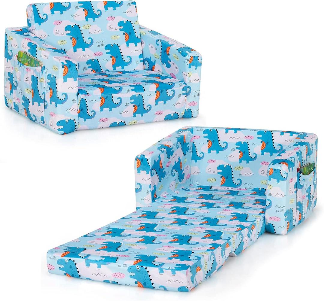 Costzon Kids Couch, 2 in 1 Flip Open Children's Sofa w/Velvet Fabric, Storage Pockets, Toddler Armrest Chair Bed for Nap Play Sleep, Ideal Gift for 0-4 Years Old Baby Boys Girls, Dinosaur