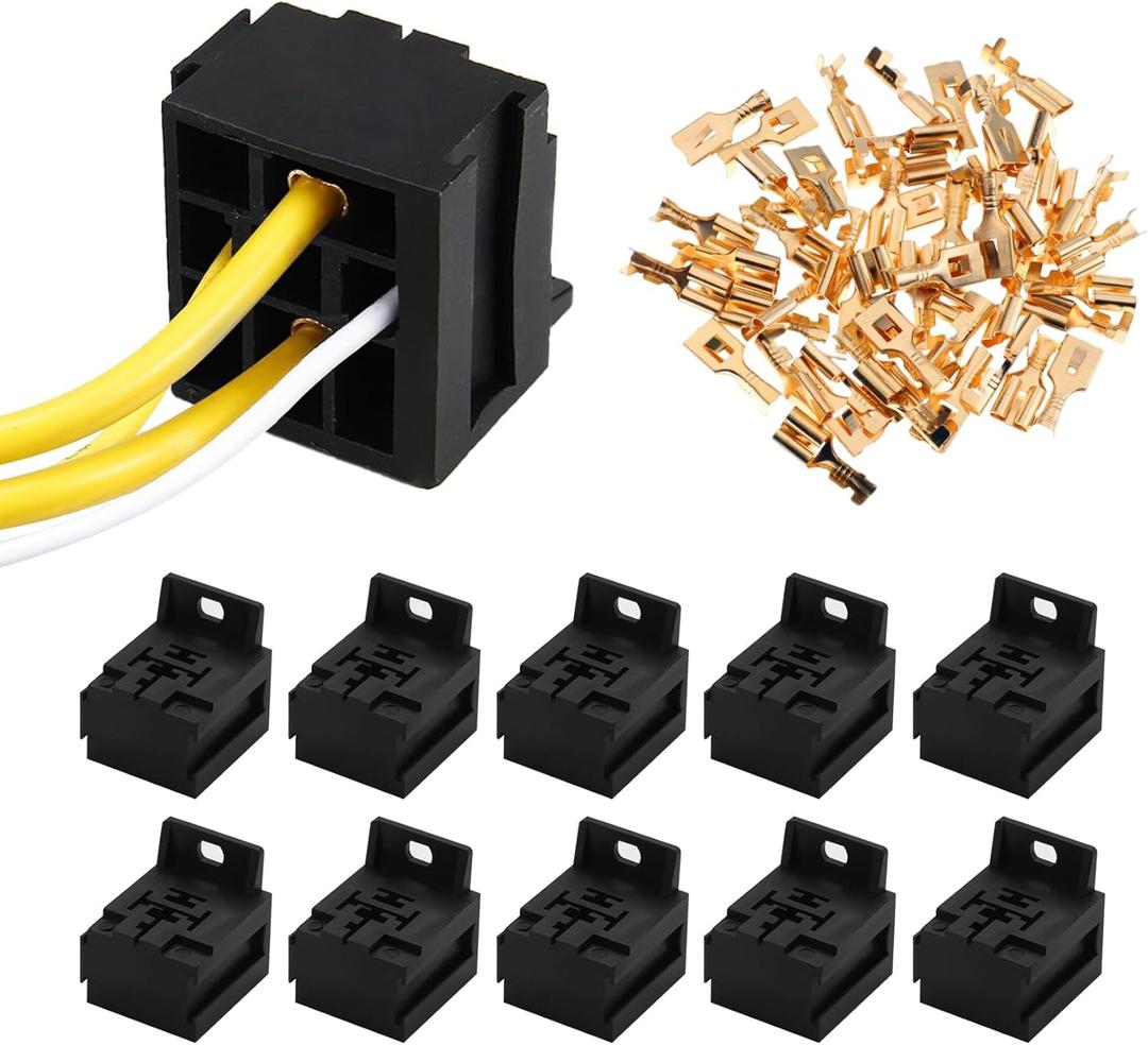 10PCS Relay Base Holders, 12V/24V 30A-80A Socket Holder Connector, 5 Pin Base Socket With 50PCS 6.3mm Terminals Electrical Wire Splice Connectors for Car Truck Marine Boat
