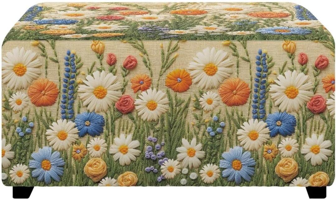Daisy Ottoman Cover Slipcover,Waterproof Stretch Ottoman Covers,Folding Storage Stool Furniture Protector,Removable Piano Bench Cover Soft Slipcover for Living Room