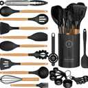 Silicone Cooking Utensils Set - Silicone Kitchen Utensils for Cooking Wooden Handles, 446F Heat Resistant Kitchen Utensil Spatula Sets w Holder, Gadgets for Non-Stick Cookware BPA FREE (Black)