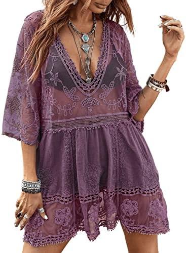Eomenie Women's Contrast Lace Bathing Suit Cover Up V-Neck Swimsuit Coverups Loose Swimwear Beach Dress Beachwear size L