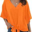 VIISHOW Womens Tie Front Chiffon Blouses V Neck Batwing Short Sleeve Summer Tops Shirts L