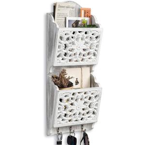 Key and Mail Holder for Wall Mail Holder for Wall, 2-Slot Mails Organizer with 3 Hooks, Key Hangers Rustic Wooden Walls Organizers for Letter Magazines