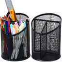 MINDEPOT 2 Pack Mesh Pencil Holder Pen Cup for Desk Round Black Pen Holder Desktop Pen Organizer 3 Compartments Pencil Organizer Desk Organizer for Office Home School