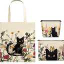 Shinylin 3 Pcs Black Cat Canvas Tote Bag Makeup Coin Purse Set with Zipper Reusable Grocery Shopping Flowers Cute Cosmetic Bag Aesthetic Portable Pouch Birthday Gift for Mom Women Cat Lovers Teacher