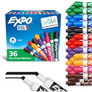 EXPO Chisel Tip Dry Erase Markers Low-Odor Assorted Colors Pack of 36 - Ideal for Classrooms, Offices, and Homes