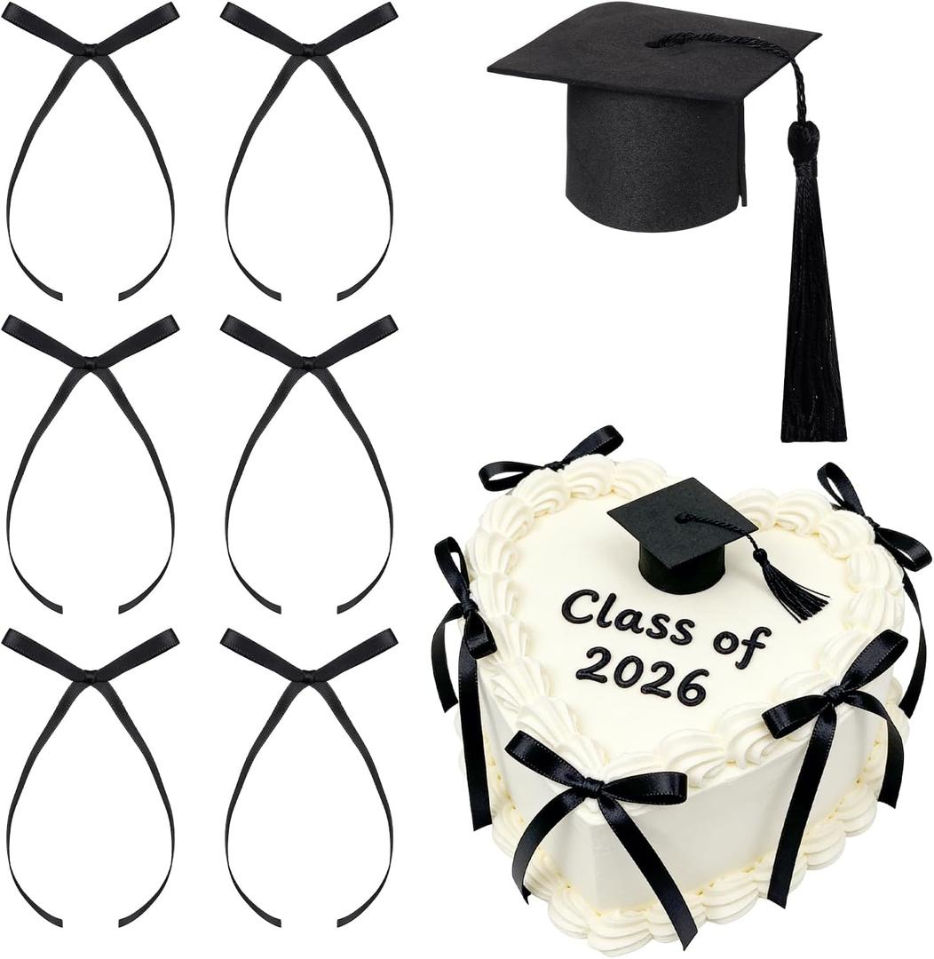 Graduation Cap & Black Bow Cake Topper Set - Pre-Assembled Mini Grad Cap & 6Pcs Black Ribbon Bows for 2026 Graduation Cake Decorations