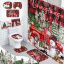 8 Pcs Christmas Shower Curtain Set Xmas Santa Bathroom Decoration Christmas Tree Hand Towels Snowman Toilet Lid Cover Bathroom Rugs Xmas Shower Curtain with Hooks(Buffalo Plaid)