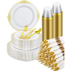 Goodluck 350 Piece Gold Plastic Dinnerware Set for 50 Guests, Fancy Disposable Plates, Include: 100 Gold Rim Plastic Plates, 150 Silverwares, 50 Pre Rolled Napkins, 50 Cups for Party, Wedding