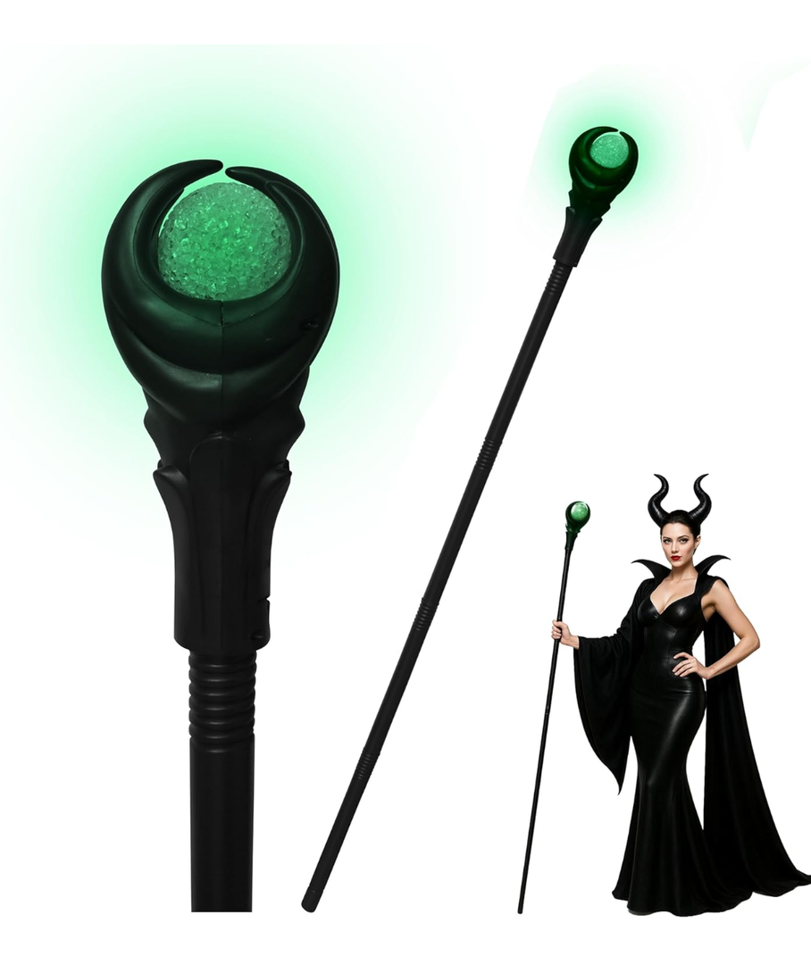 Light-Up Wizard Staff with Green Crystal Ball Orb Gothic Witch Warlock Costume Prop Halloween Cosplay Accessory for Adults