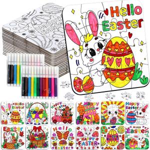 24 Pcs Easter Crafts Puzzle for Kids Ages 4-8, Easter Activities Arts DIY Jigsaw with Egg Bunny Basket Flower, Spring April Craft for Party Favors Gifts Christian Classroom Coloring Games Toy Bulk