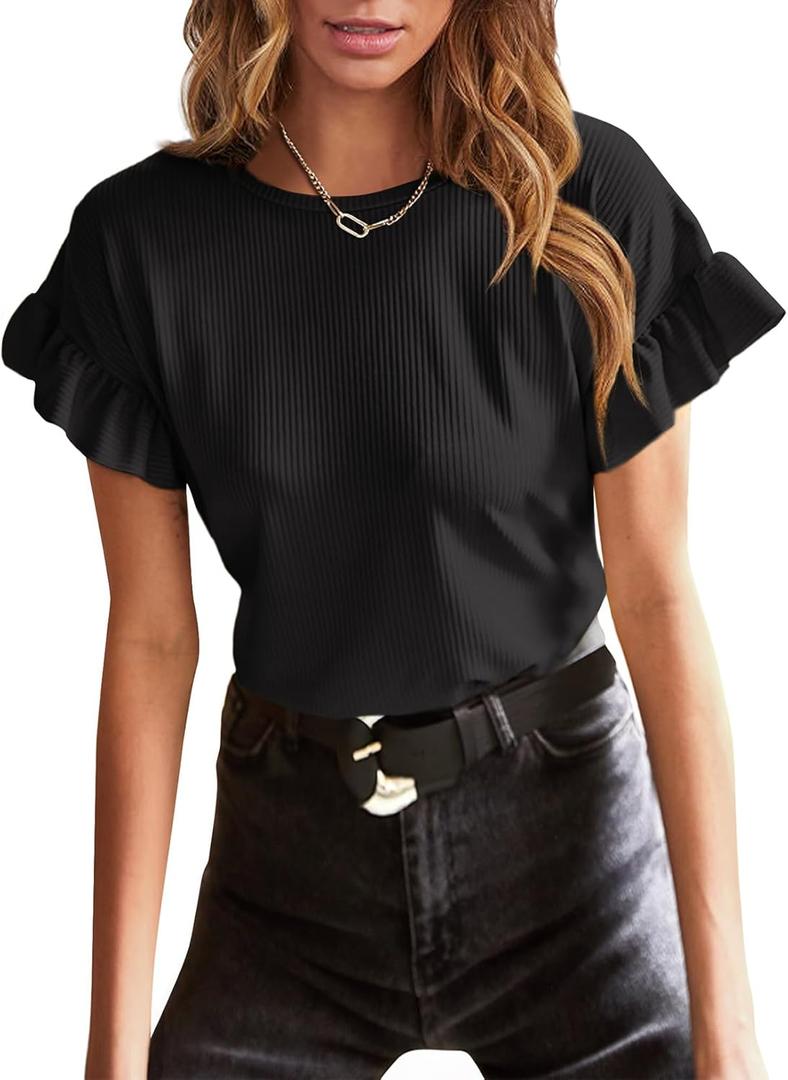 EVALESS Womens Summer Casual Short Sleeve Tops Ruffle Basic T Shirts Round Neck Solid Knit Loose Fit Tee Blouses (Large, Black)