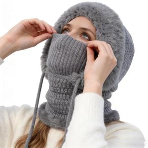 3 in 1 Beanie Hat for Women, Womens Balaclava Winter, Cold Knitted Hats Wind Resistant Hooded Scarf, Thick Plush-Lined (Grey)