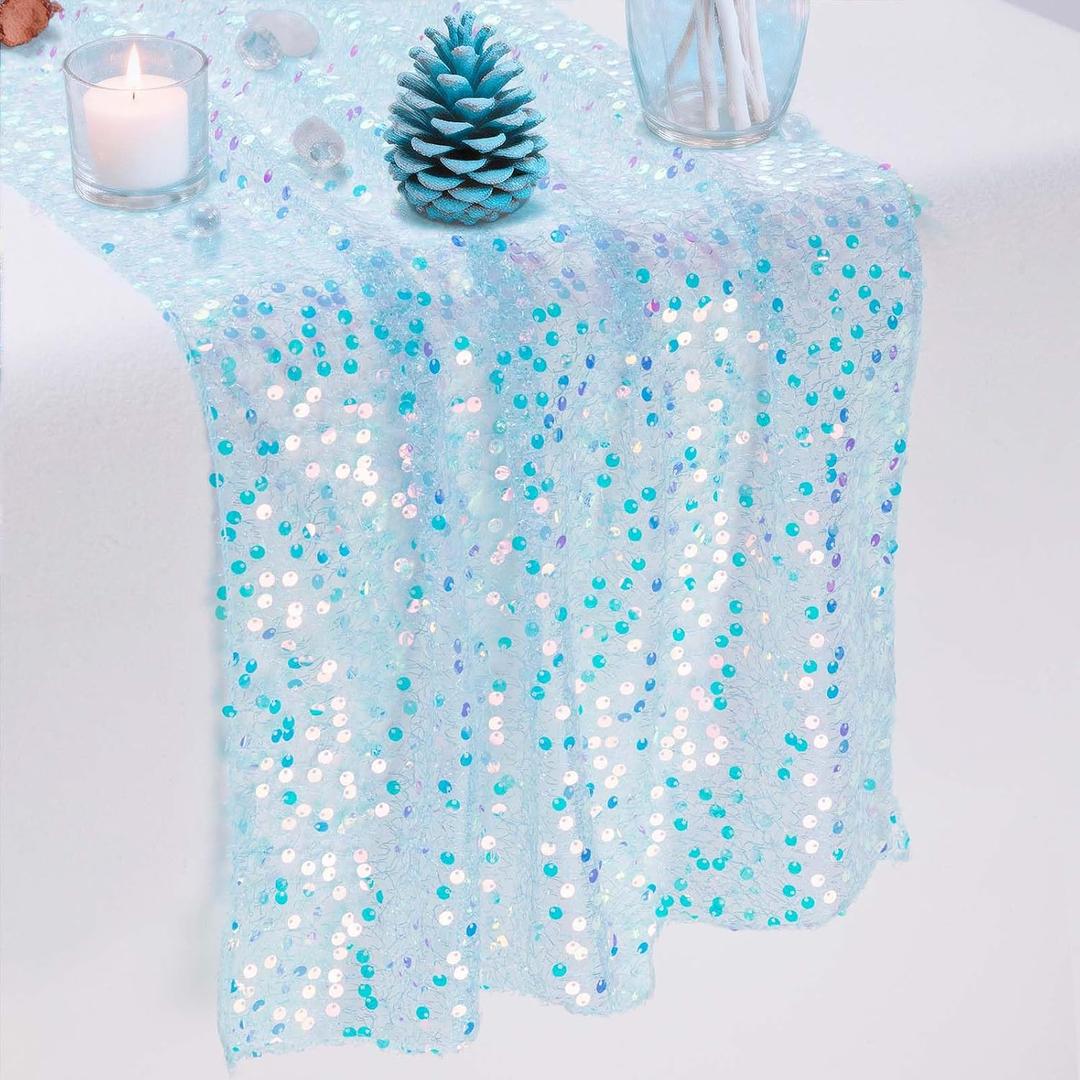 Light Baby Blue Sequin Table Runner 1 Piece 10 Ft (17x120 Inch) - for Dessert Table or Multiple Kids Tables Iridescent Runner for Frozen Mermaid Princess Unicorn Ocean Birthday Party Decor