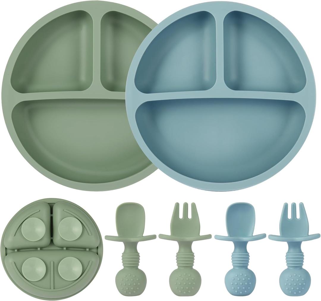 2 Pack Baby Plates with Suction, 2 Pack Silicone Forks and Spoons Set, Baby Led Weaning Supplies, BPA Free, Toddler Utensils for Feeding Essentials (Blue)