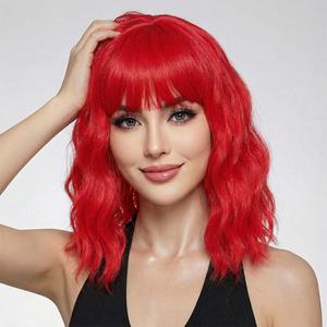 Pastel Dark Red Wavy Bob Wig for Women, Short Shoulder Length Synthetic Wig with Bangs, Matte Natural Realistic Look Lightweight Hairpiece, Red Color for Daily Wear & Cosplay Costume