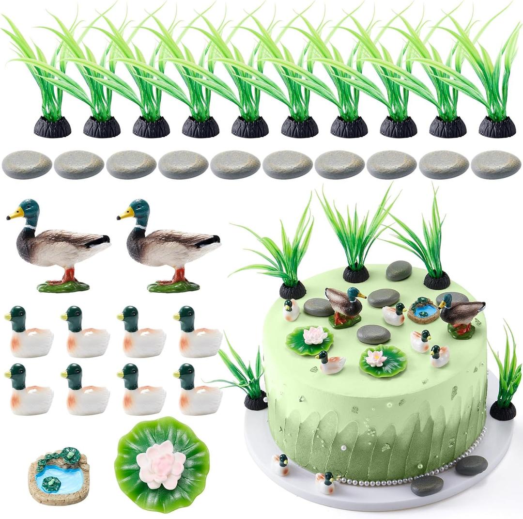 WinnerWhy 35 Pcs Mallard Duck Cake Decorations Duck Hunting Cake Topper Figures Decorations Seaweed Lotus Leaf Hunting Birthday Party Supplies for Birthday Celebration Photo Props